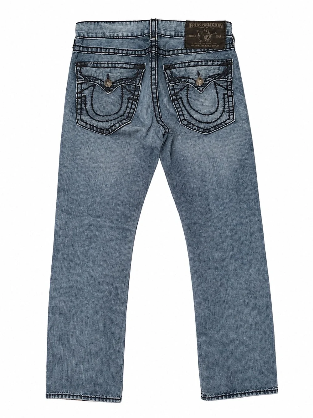 True Religion Men’s Medium Blue Straight Leg Jeans with Signature Back Pockets